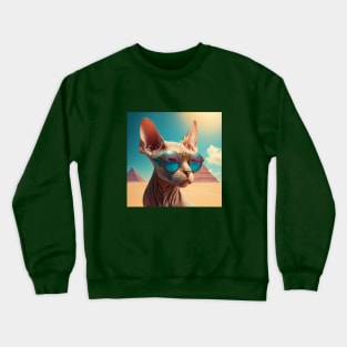 Sphinx cat with glasses looking to the side on the background of the pyramids Crewneck Sweatshirt